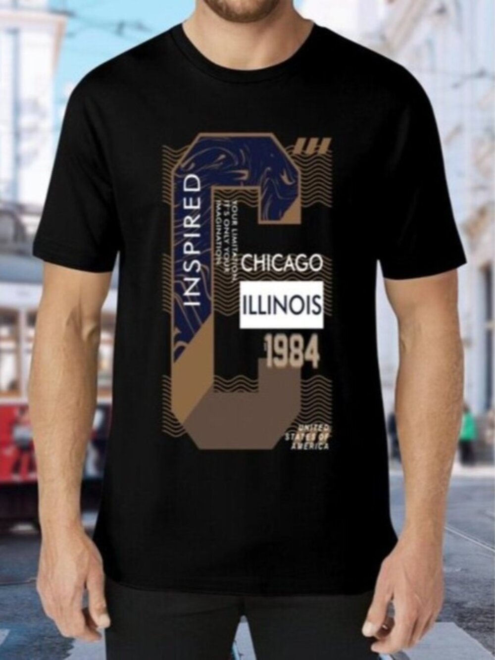 Black Graphic T-Shirt with Brown and White Design